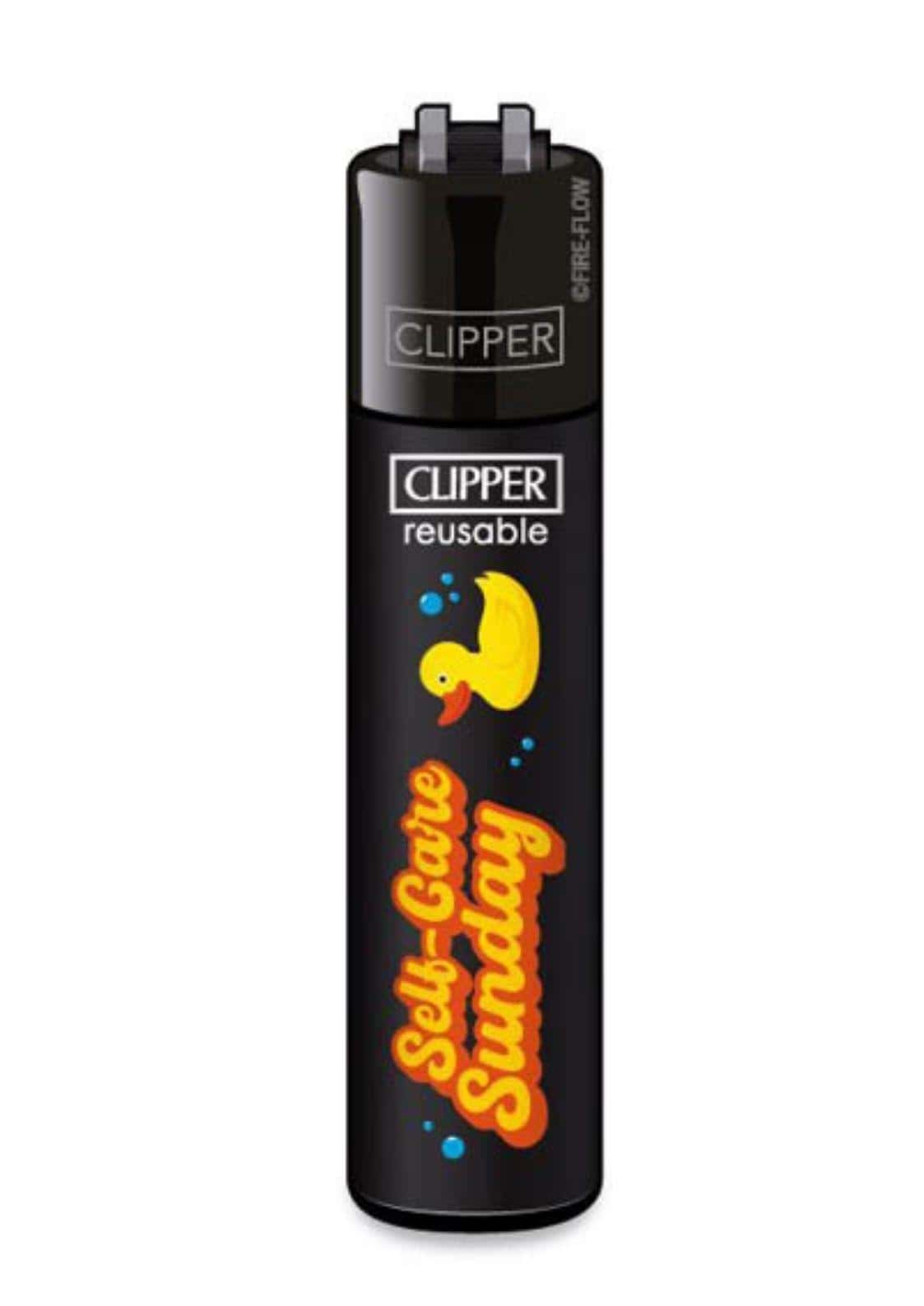 Schwarzes nachfüllbarer clipper feuerzeug mit gelbem entenmotiv und orangefarbener self care sunday schrift